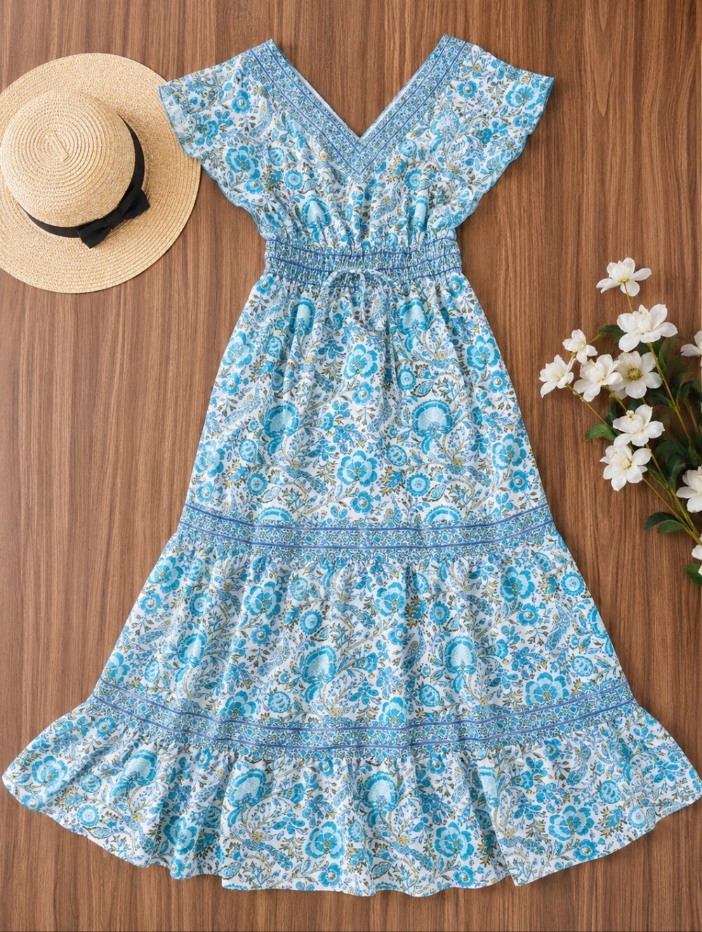Rachel Zoe Blue and White Floral Tiered Maxi Dress